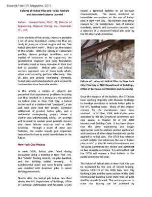 Paper written by Howard Perko Failures of Helical Piles and Helical Anchors - Magnum Piering